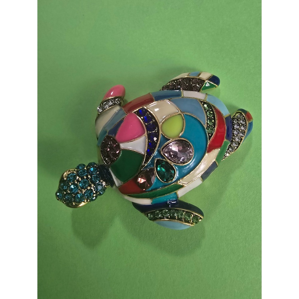 Multi Color Enamel Turtle Brooch Gold Tone Rhinestone Sea Turtle Pin Accessory